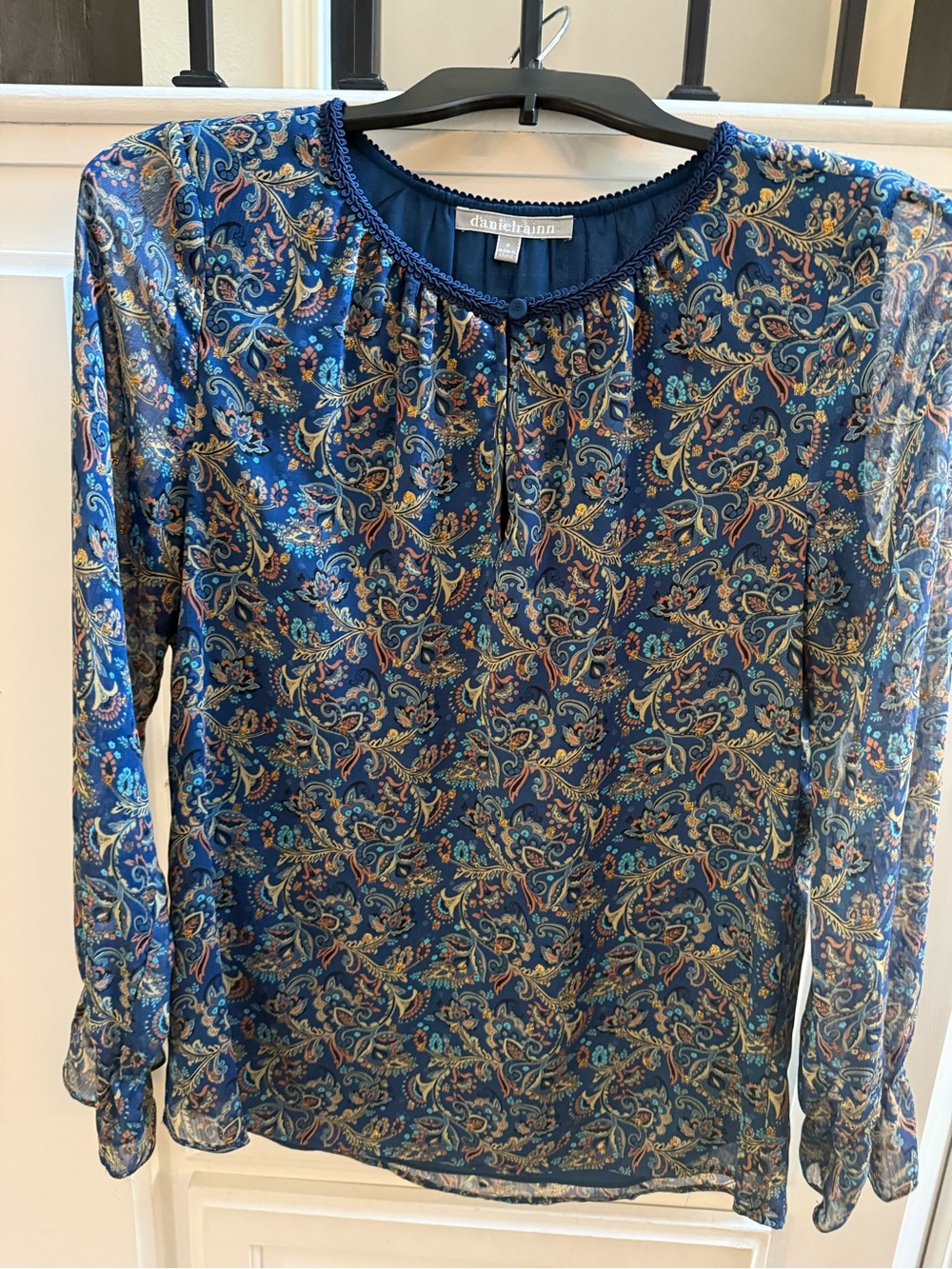 Daniel Rainn Navy Blue Paisley Sheer Long-Sleeve Blouse